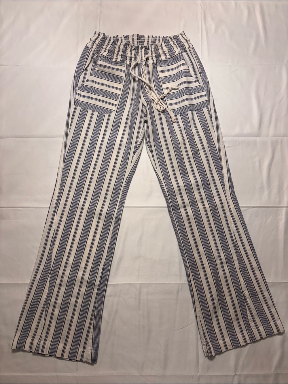 Roxy Blue & White Stripped Drawstring Pants Size Sm Linen Blend